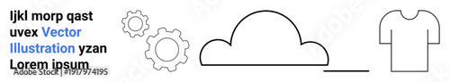 Technology, fashion, cloud computing, branding, conceptual art, minimalism. Simplistic gear icons, cloud shape text placeholder and t-shirt outline. Technology and fashion concept