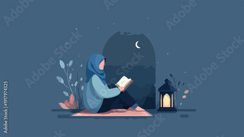 A person in a hijab reads a book by lantern light under a starry night sky