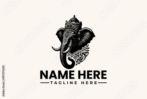 Black and white illustration of an elephant head logo with ornate design and sample text on a beige background.