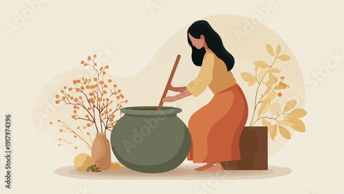 Woman stirs a large cauldron in a rustic setting with autumnal plants