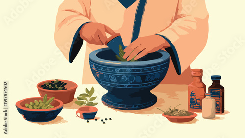 Person in traditional robes grinding herbs in a mortar with various ingredients and bottles nearby