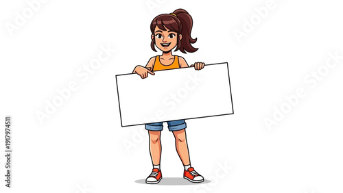 A friendly young woman character holding a blank sign and pointing.
