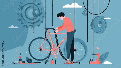 Person working on a bicycle with mechanical gears and tools in a stylized scene