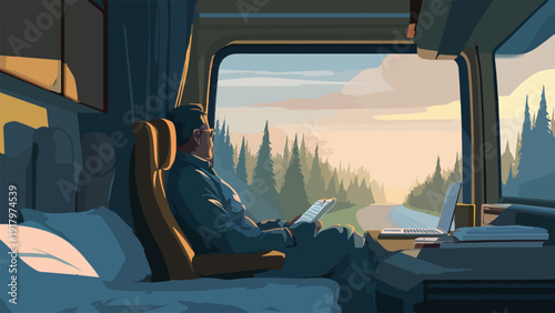 Man in truck cab gazes at sunset road flanked by pine trees, laptop nearby