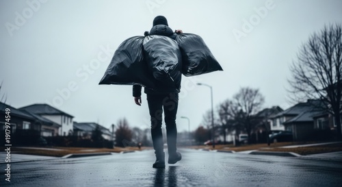 Wallpaper Mural Person walks down a wet street carrying heavy trash bags on their back. Cloudy day Torontodigital.ca