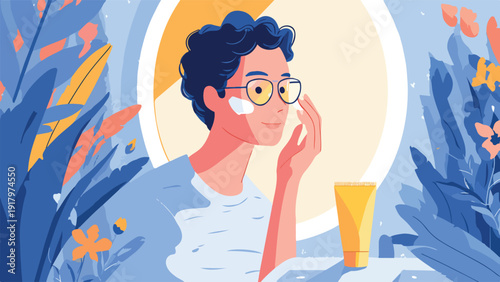 Person applying cream to face, surrounded by abstract blue and orange foliage and a yellow sun-like circle