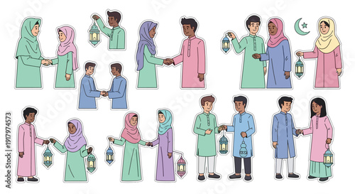 Diverse Muslim people celebrating Eid al-Fitr or Ramadan, shaking hands and holding lanterns, in various friendly interactions.