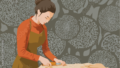 Focused woman in apron prepares dough on a patterned surface