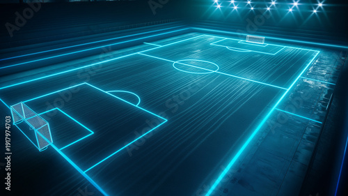 A soccer field with a blue and white design. soccer, football