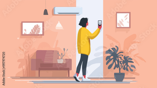 Person in yellow sweater controls air conditioner using smartphone in a minimalist room