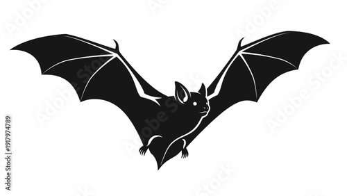 A black silhouette of a bat in flight with its wings spread wide.