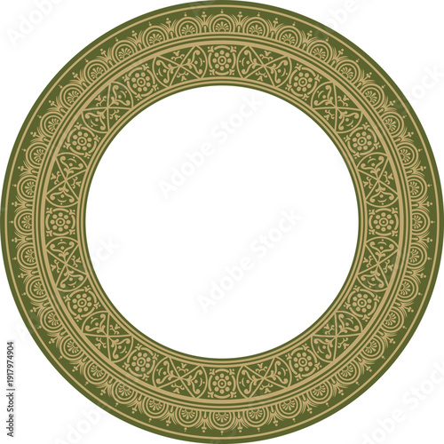 Vector round gold with green border, frame, Pompeii ring. Circle Neopolitan ornament. Art of Ancient Rome.