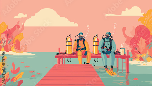 Two divers in full gear sit on a dock with colorful foliage and calm water