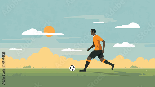 A stylized illustration of a soccer player dribbling a ball in a wide green field under a cloudy sky