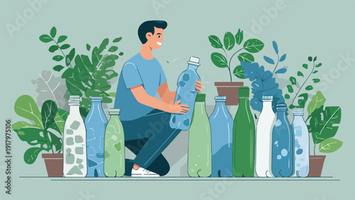 Smiling man collecting various plastic bottles surrounded by lush green plants