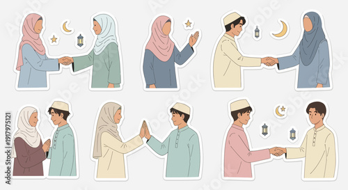 Diverse Muslim people greeting each other with handshakes and traditional gestures, featuring Islamic symbols like crescent moons and lanterns in a charming sticker illustration style.