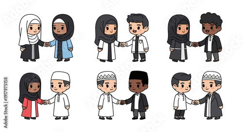 Cartoon illustrations of diverse Muslim men and women shaking hands, representing unity and greeting across different backgrounds.