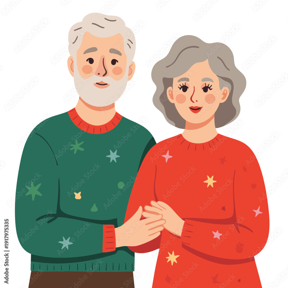 Fototapeta premium Elderly couple smiling and holding hands in festive sweaters. Elderly set
