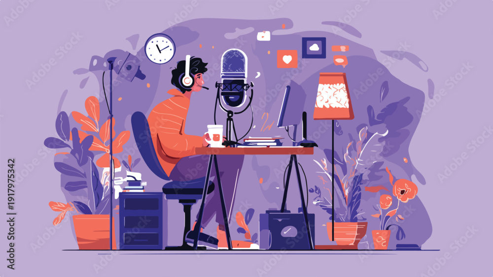 Fototapeta premium Person with headphones working at a desk with a microphone and computer