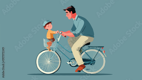 Father and son enjoy a bicycle ride together, with the child in the front basket