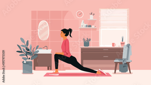 Person stretches in a room with tiled walls, a mirror, and a window