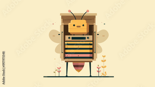 Whimsical robot bee with honeycomb structure and simple plant elements