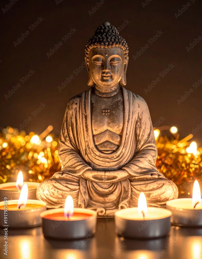 Fototapeta premium Stone statue of a seated figure with candles in front, golden tinsel backdrop