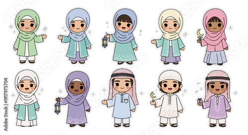 Cute cartoon Muslim children in traditional attire, celebrating Eid or Ramadan, holding lanterns and crescent moons, isolated on white background.