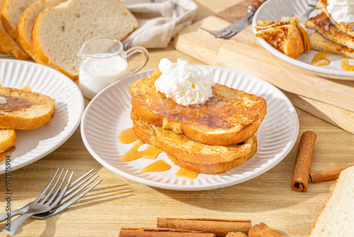 Classic breakfast food. Homemade french toast with maple syrup