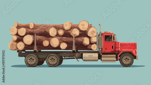 A red logging truck carries a large load of freshly cut timber logs