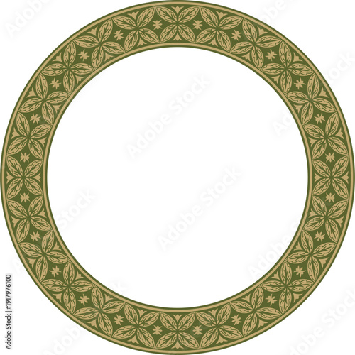Vector round gold with green ancient Russian ornament. Slavic border, frame. Circle, ring. Painting of the royal chambers.