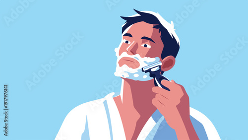 A man in a white robe shaves his face with shaving cream and a razor