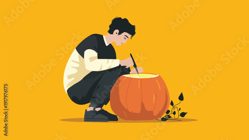 Person crouched carving an orange pumpkin on a yellow background