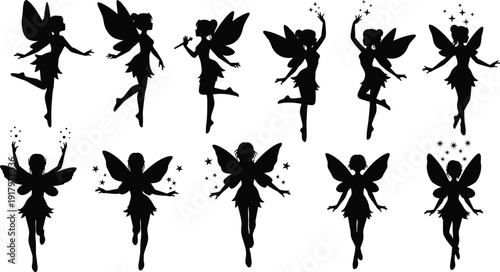 Fairy silhouette collection with magical flying pixie characters, wings, sparkles, and fantasy tale elements isolated on white background illustration