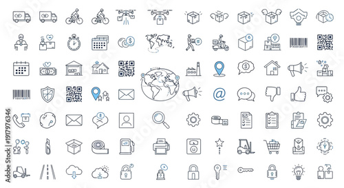 Monochrome Outline Delivery Logistics Icons for Global Supply Chain Concepts