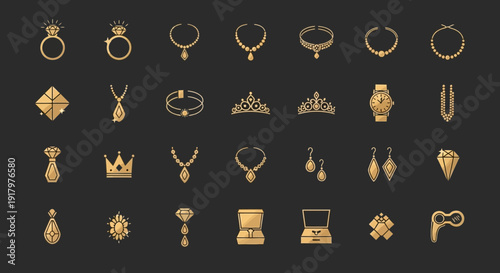 Golden Luxury Jewelry Icons Set on Dark Background for Elegant Design
