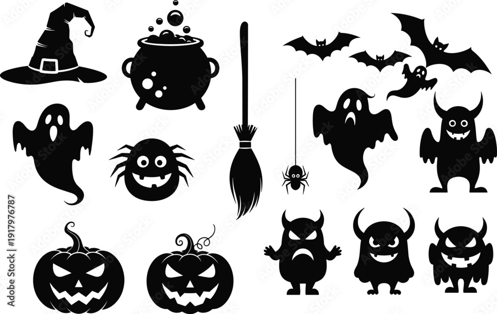 Obraz premium Halloween spooky silhouettes collection with witch hat, cauldron, ghosts, bats, monsters, pumpkins, spider, and broom, festive horror illustration set