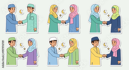Cartoon stickers depicting various pairs of Muslim individuals, men and women, shaking hands in traditional attire, symbolizing greetings and unity, possibly for Eid celebrations.