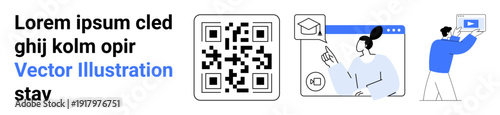 QR code beside individuals interacting with digital tools and learning platforms. Ideal for technology, online education, communication, innovation, marketing, app design, simple landing page