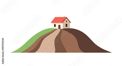 Cute cartoon house on hill with winding road isolated on transparent background