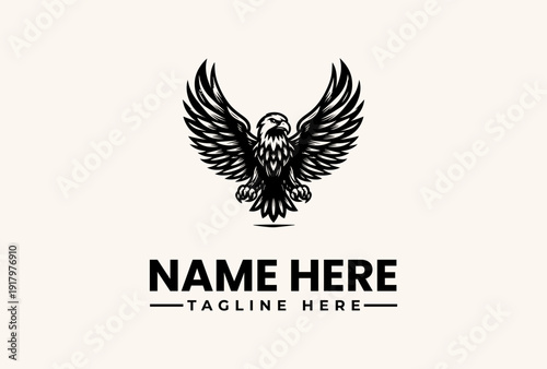 A black and white illustration of an eagle with outstretched wings, forming a logo above the text 'NAME HERE' and 'TAGLINE HERE' on a light gray background, with a vector style and iconic