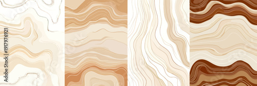 Abstract beige and caramel wavy line patterns set with topographic and wood grain inspired textures in minimalist flat vector style for background design