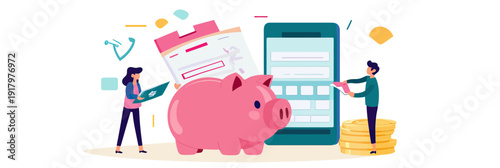 People Managing Personal Finance with Large Piggy Bank, Mobile Banking App, Invoice Calculation, and Stack of Coins Flat Vector Illustration