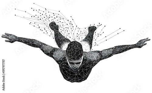 Low poly abstract swimmer in dynamic pose with digital wireframe and polygonal mesh rendering in futuristic style for sport health concept illustration