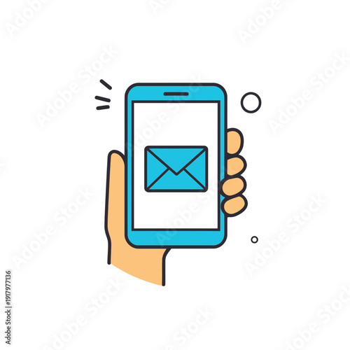 Hand holding smartphone with new message notification envelope icon on screen flat line vector illustration for communication concept
