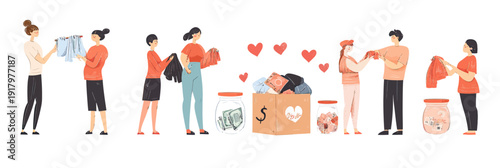 Volunteers collecting folding used clothes and donating money and hearts into jars and boxes for charity support flat vector illustration