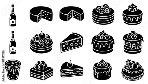 Dessert Icon Sheet Featuring Cakes and Drinks in Vector Format