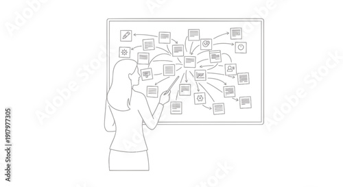Business woman creating a mind map on a whiteboard with various ideas and concepts.