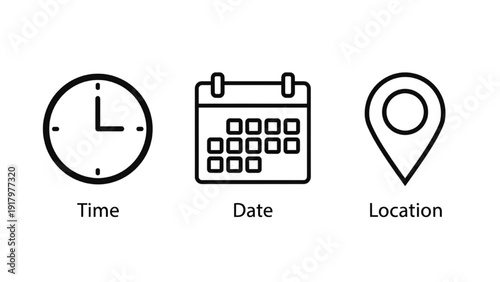 Vector Icon Sheet Featuring Time, Date, and Location Symbols in a Simple Line Art Style