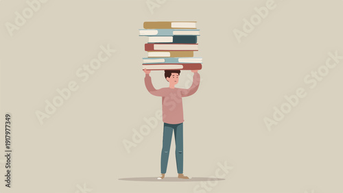 A young person balances a tall stack of books on their head against a light background